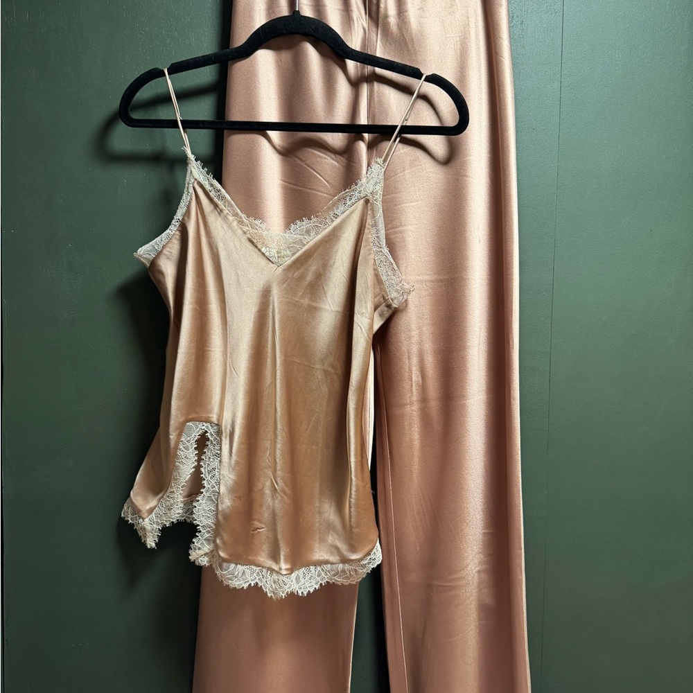 Cami NYC Satin Pajama Set with Lace Trim in Tan